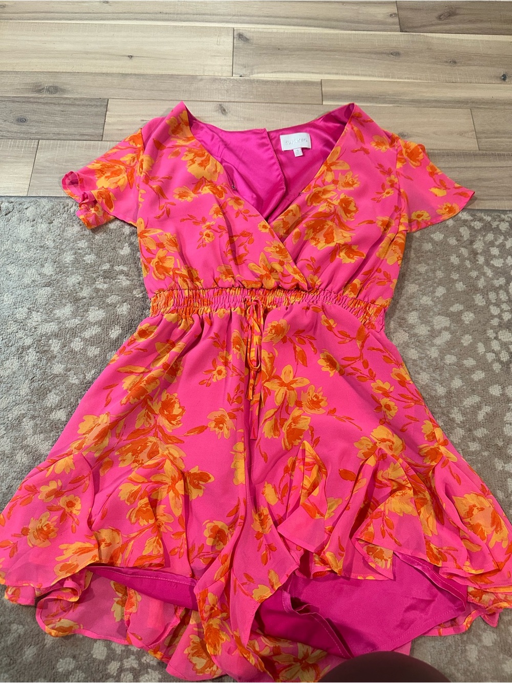 Girls Bright Pink Floral Wrap Dress with Orange Print